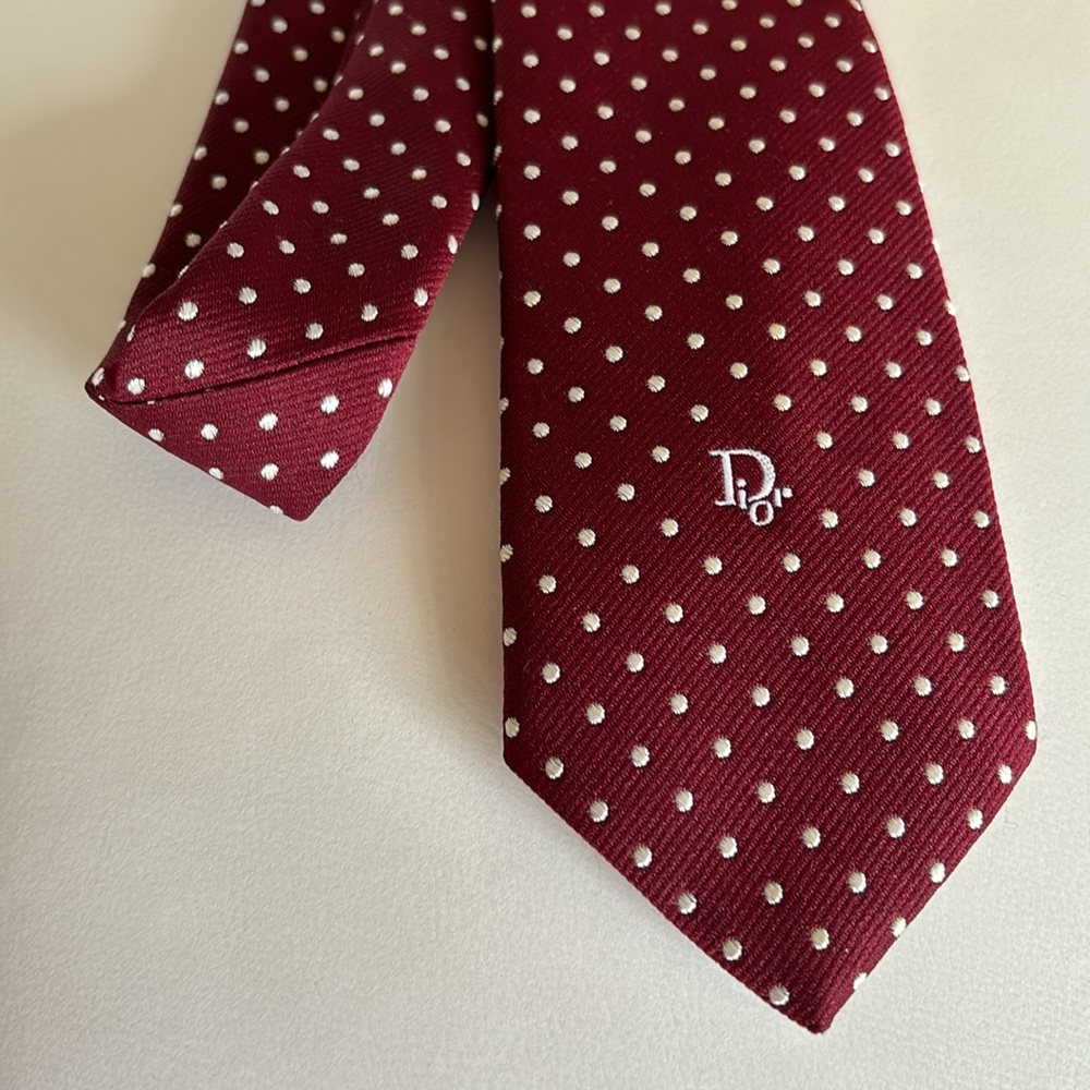 Vintage Christian Dior Men’s Neck Tie Maroon Burgundy White Dots Silk Blend - Picture 10 of 13